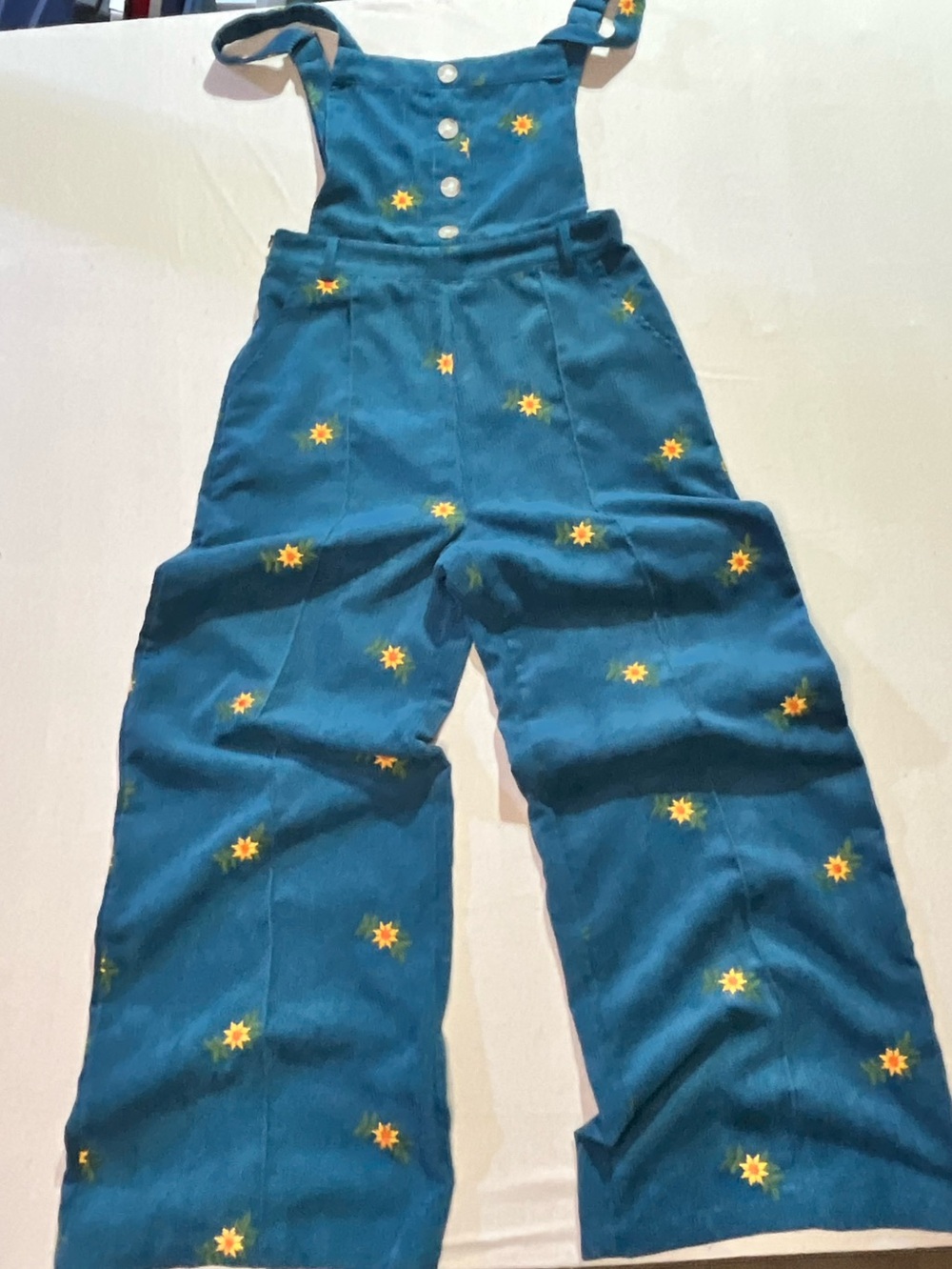 Cider Ditsy Floral Embroidered Corduroy Jumpsuit Overalls Wide Leg Pockets, Sz S